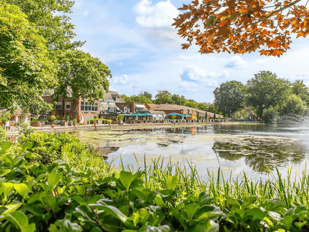 Lakeside hotel with terrace dining and fountain, surrounded by trees and greenery.