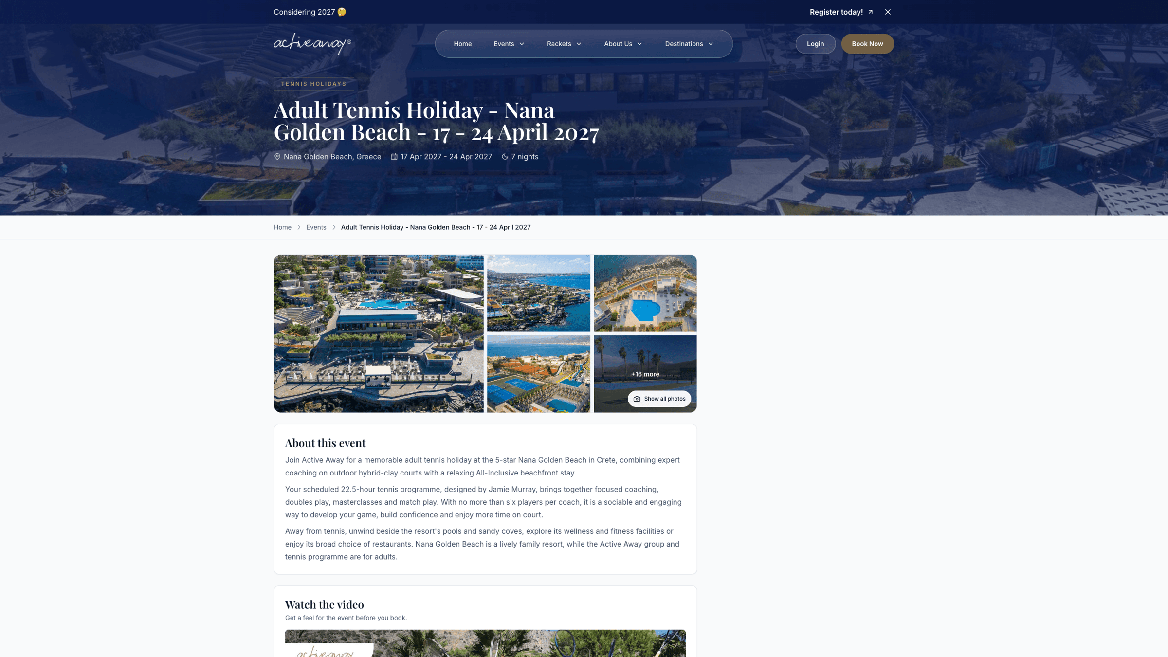 Active Away 2027 Nana Golden Beach event page showing the destination, trip dates and resort gallery