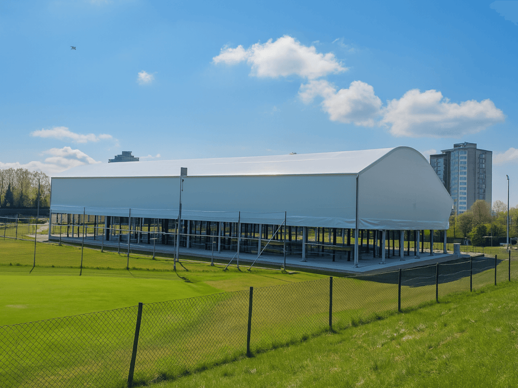 Modern covered tennis facility beside green lawns under a blue sky.