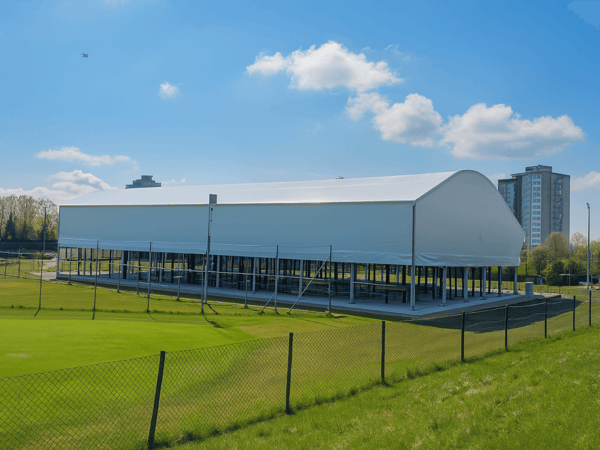 Modern covered tennis facility beside green lawns under a blue sky.