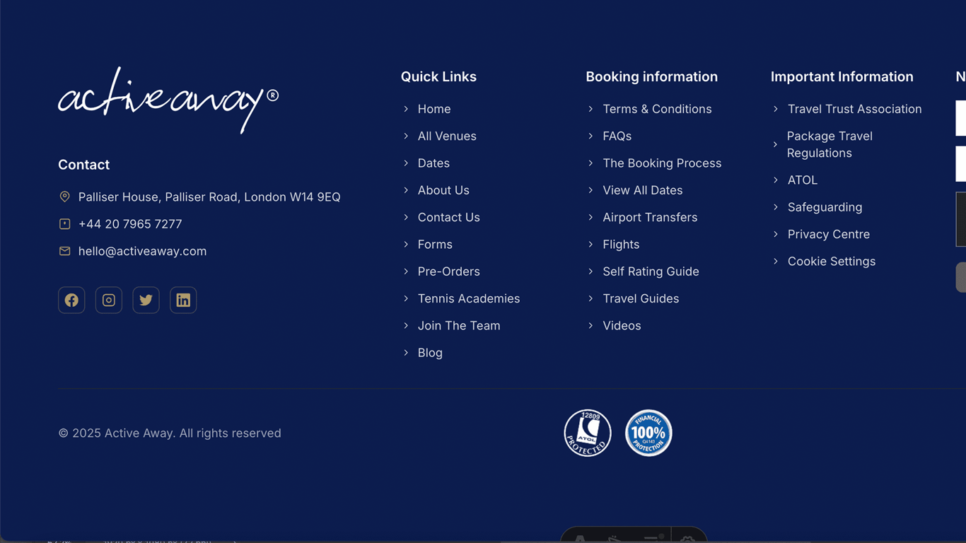 Active Away website footer with contact details, quick links and social icons on a navy background.