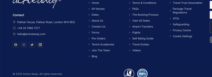 Active Away website footer with contact details, quick links and social icons on a navy background.