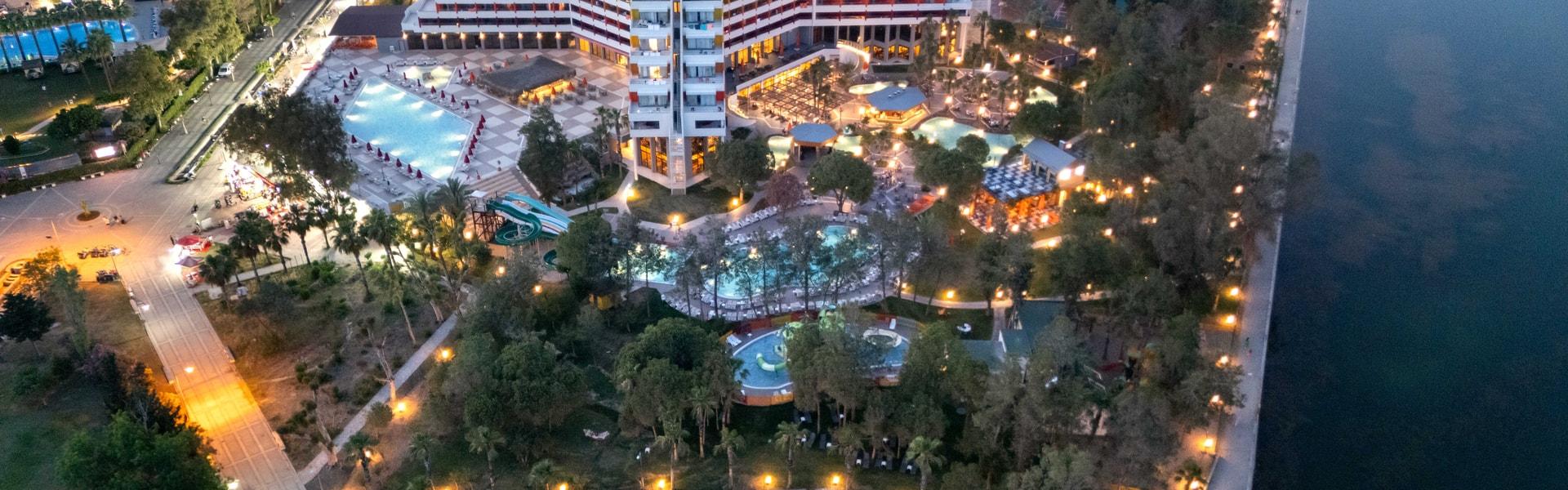 Aerial view of an Active Away resort at dusk