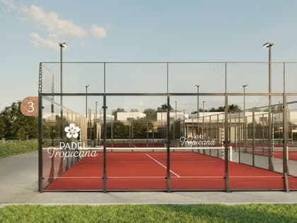Brand deck mock-up of a terracotta padel court with glass walls and Padel Tropicana branding.