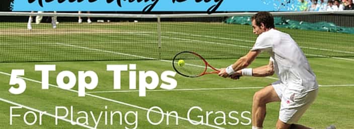 Tennis player returning a shot on a grass court with text '5 Top Tips For Playing On Grass' from the ActiveAway Blog.