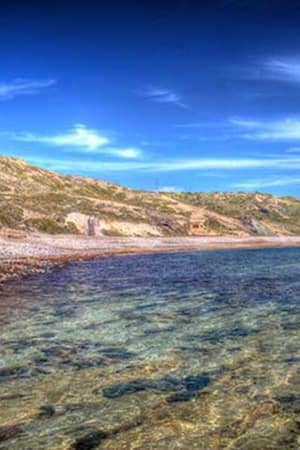 Aphrodite Hills Beach with clear waters and a rocky shoreline, set against a backdrop of gentle hills under a blue sky.