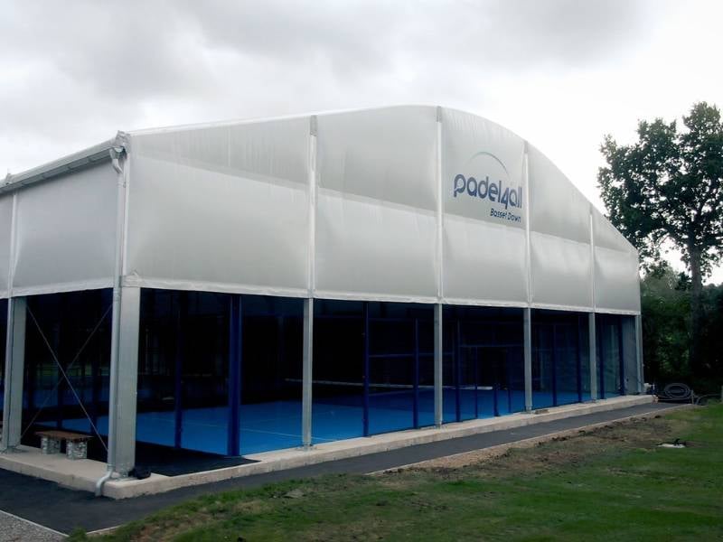 BD Swindon facility's semi-permanent structure housing an indoor padel court with the 'Padel4all Baseline Centre' logo.