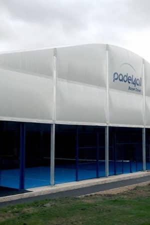 BD Swindon facility's semi-permanent structure housing an indoor padel court with the 'Padel4all Baseline Centre' logo.