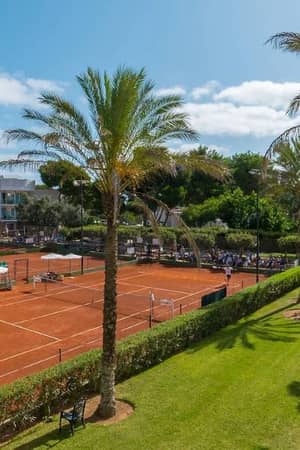 Tennis courts at a beach club surrounded by greenery and palm trees, with players in action against a backdrop of club facilities and clear skies.