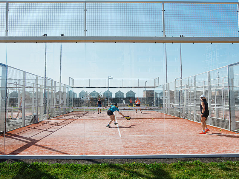 People playing padel tennis on a fenced outdoor court in Brighton with blue skies overhead and modern houses in the background.