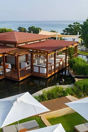 Aerial view of Capo Bay Gallery restaurant with wooden architecture, surrounded by greenery and sea, featuring outdoor seating under white umbrellas.