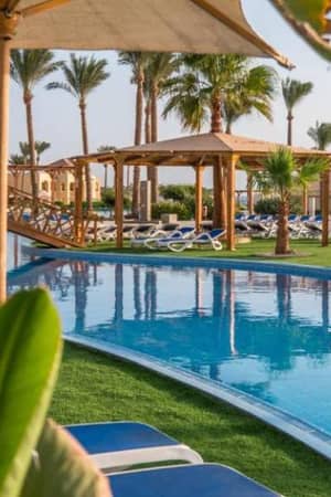 Cleopatra Luxury Resort pool area with blue pool, sun loungers, umbrellas, green lawns, and palm trees in a tranquil setting.