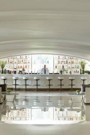 Daphnila Bay Bar with a modern white design, curved ceilings, well-stocked shelves, bar stools, and potted plants.
