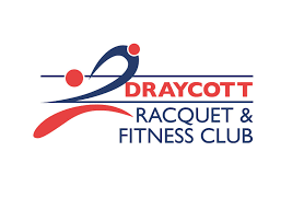 Draycott Racquet & Fitness Club logo with a stylised racquet swing and human figure in red and blue.