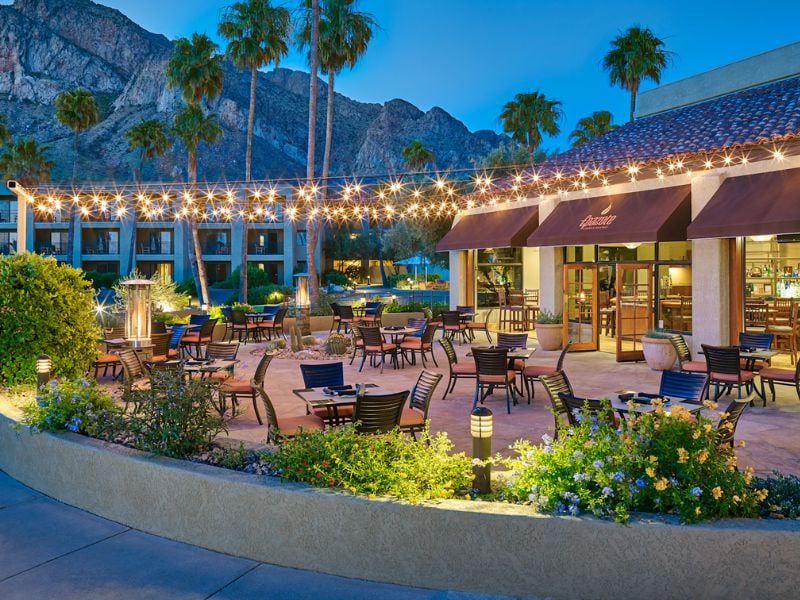 Outdoor dining area at El Conquistador Gallery with wooden tables, string lights, greenery, palm trees, and a mountainous backdrop.