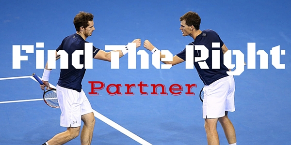 Two male tennis players fist bumping on a blue court with 'Find The Right Partner' text overlay.