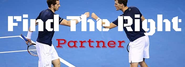 Two male tennis players fist bumping on a blue court with 'Find The Right Partner' text overlay.