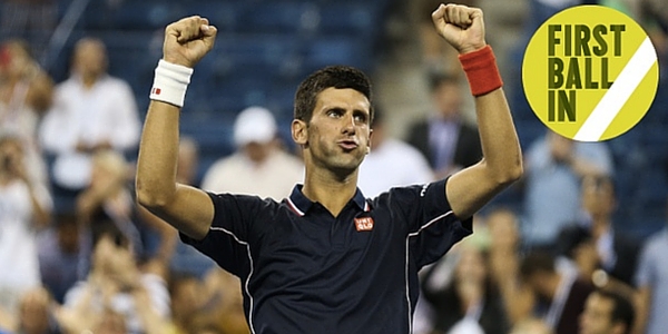 Novak Djokovic with fists raised in victory on a tennis court, with 'First Ball In' text in the corner.
