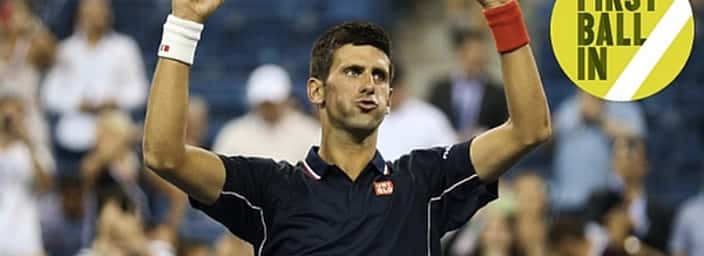 Novak Djokovic with fists raised in victory on a tennis court, with 'First Ball In' text in the corner.