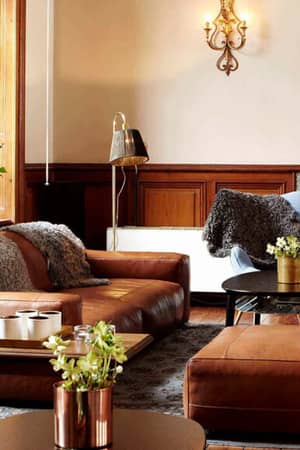 Luxurious hotel lounge with leather sofas, armchairs, plants, vintage lighting, and a bookshelf in a wood-finished interior.