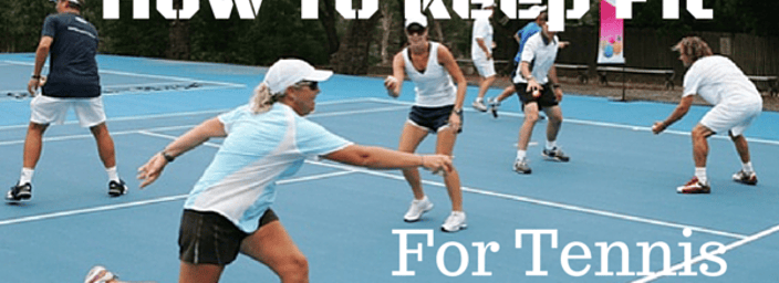 Group playing tennis on an outdoor court with text 'How To Keep Fit For Tennis', highlighting fitness through the sport.