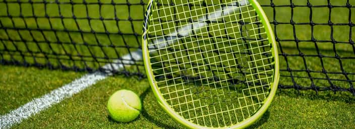 Bright yellow tennis racket and ball on a grass court near the net.