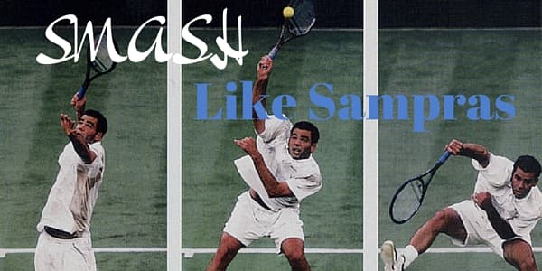 Pete Sampras demonstrating a tennis smash in three sequential stages, highlighting his technique and power.