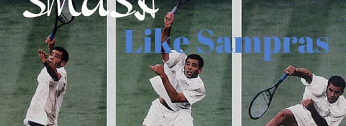 Pete Sampras demonstrating a tennis smash in three sequential stages, highlighting his technique and power.