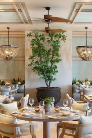 Elegant dining area at Ikos Aria with chandeliers, plants, and neatly arranged tables.