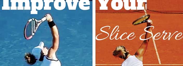 Two tennis players serving on different surfaces, a hard court and a clay court, with text 'Improve Your Slice Serve'.