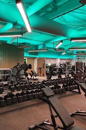 Interior view of The Lensbury gym with free weights, benches, and exercise machines under teal lighting.