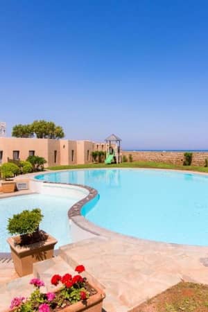 Luxury private pool at Kalimera Kriti Gallery with a stone terrace, flower pots, and a sea view.
