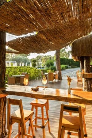 Outdoor bar at Liberty Lykia with wooden stools and bar, surrounded by greenery with woven shaded areas.