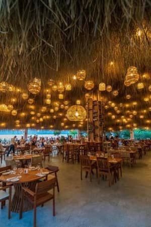 Liberty Village restaurant with rattan light fixtures hanging from the ceiling and wooden dining furniture creating a cosy, open-air ambiance.