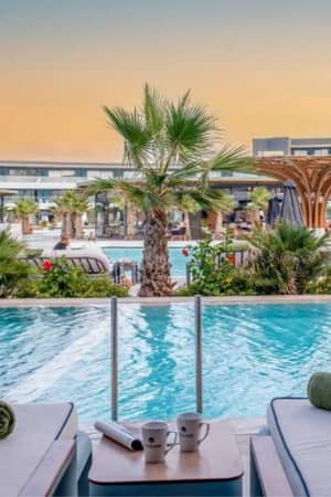 Lyttos Gallery private pool view with sun loungers, palm trees, and a modern architectural backdrop.