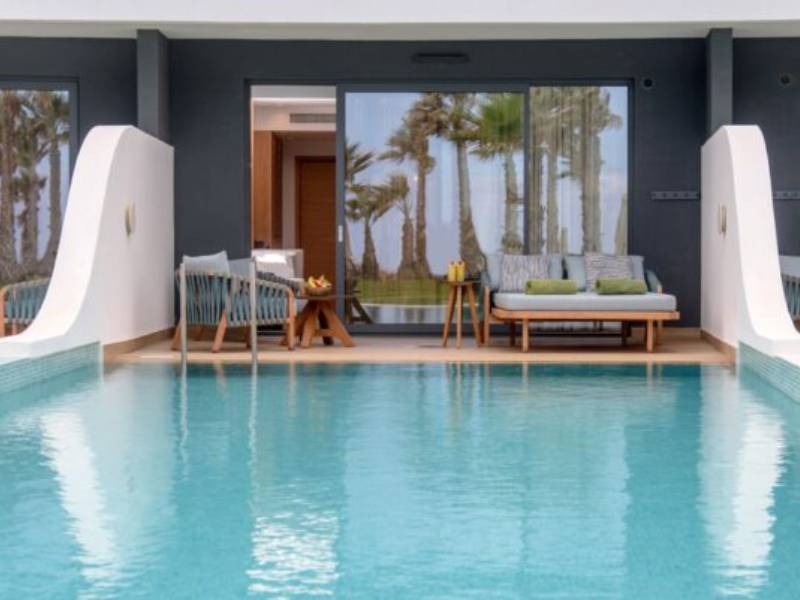 Private pool area at Lyttos Gallery with outdoor seating, featuring palm trees and garden view through large glass doors.