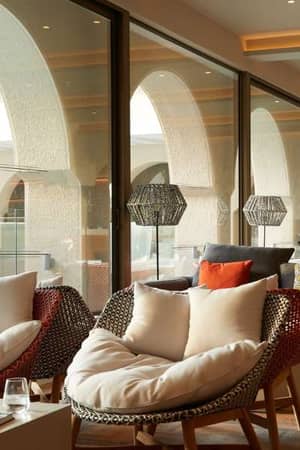 Modern lounge in a Marbella gallery with wicker armchairs, plush cushions, glass wall view of a palm tree, and elegant interior design.