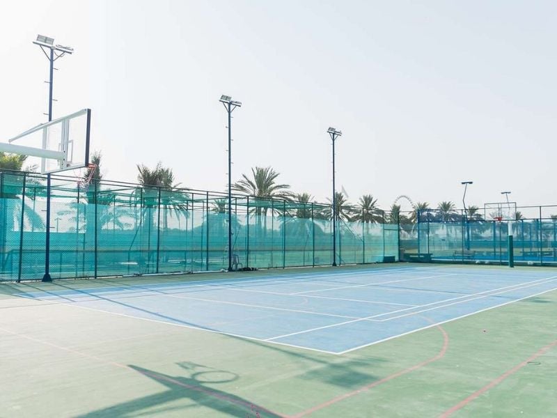 Outdoor tennis court in Marbella with green surface, surrounded by high fence and palm trees, featuring floodlights for evening games.