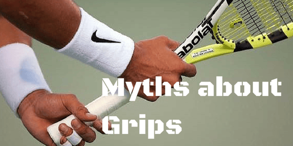 Tennis player holding a Babolat racquet, emphasising grip technique with 'Myths about Grips' text overlay.