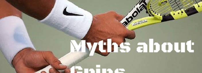 Tennis player holding a Babolat racquet, emphasising grip technique with 'Myths about Grips' text overlay.