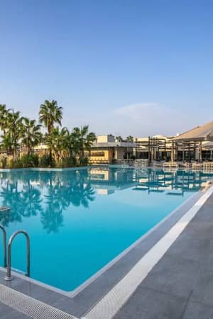 Pool view at Paloma Family Holidays, with sun loungers, umbrellas, and palm trees under a clear sky.