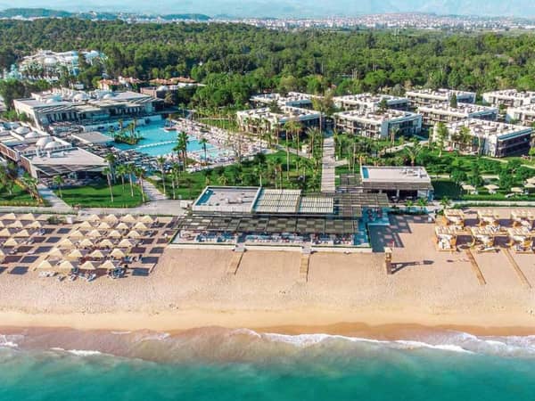 Aerial view of Paloma Orenda’s beachfront resort in Side