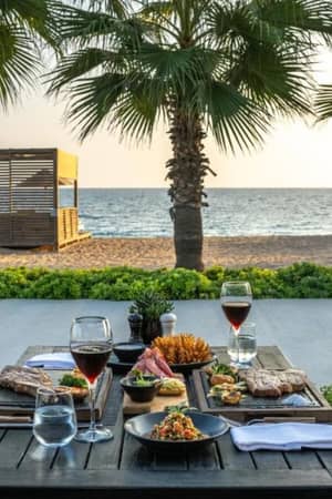 Table for two at Paloma Gallery, featuring appetisers and wine, with a picturesque beach and palm tree backdrop.