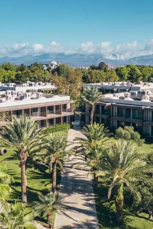 Aerial view of Paloma Gallery luxury apartments with lush greenery, palm trees, and mountains in the background.