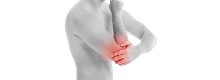Figure holding their elbow highlighted in red, indicating tennis elbow pain.