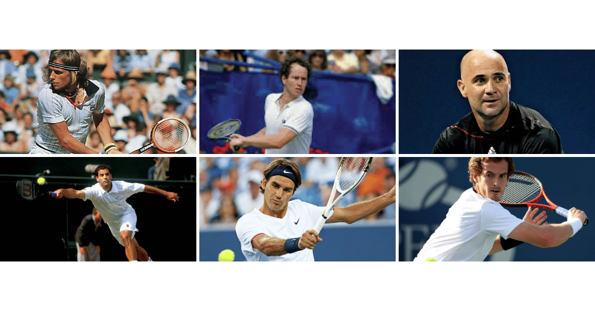 Collage of famous male tennis players Björn Borg, John McEnroe, Andre Agassi, Pete Sampras, Roger Federer, and Andy Murray.