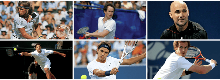 Collage of famous male tennis players Björn Borg, John McEnroe, Andre Agassi, Pete Sampras, Roger Federer, and Andy Murray.