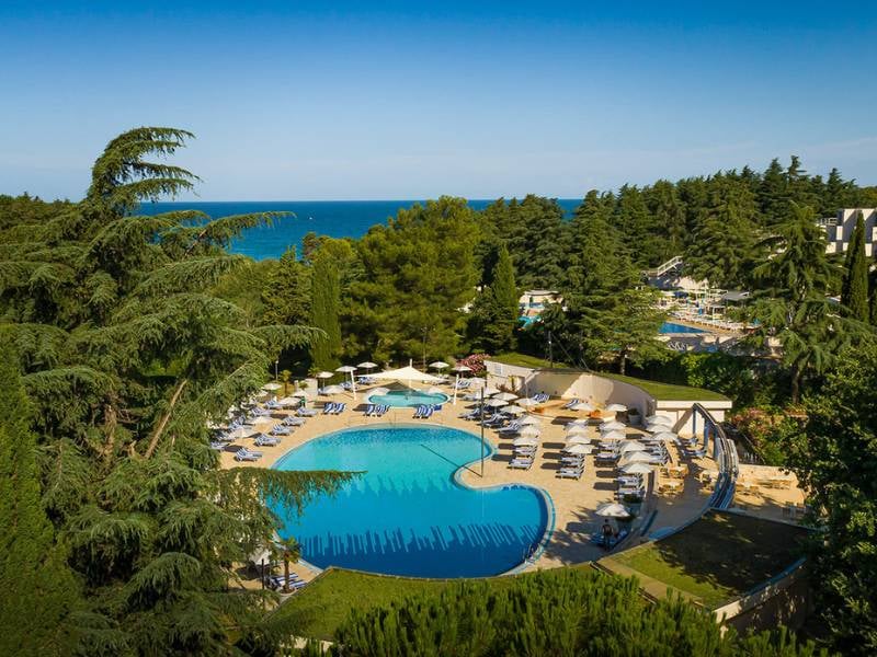 Aerial view of Valamar resort's pool area with sun loungers, set amidst trees, and the sea in the background.