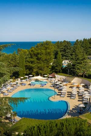 Aerial view of Valamar resort's pool area with sun loungers, set amidst trees, and the sea in the background.