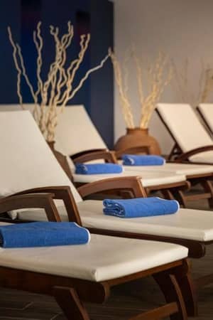 Spa lounge featuring white-cushioned wooden loungers with blue towels, decorative vases with branches, and green plants for a soothing ambiance.